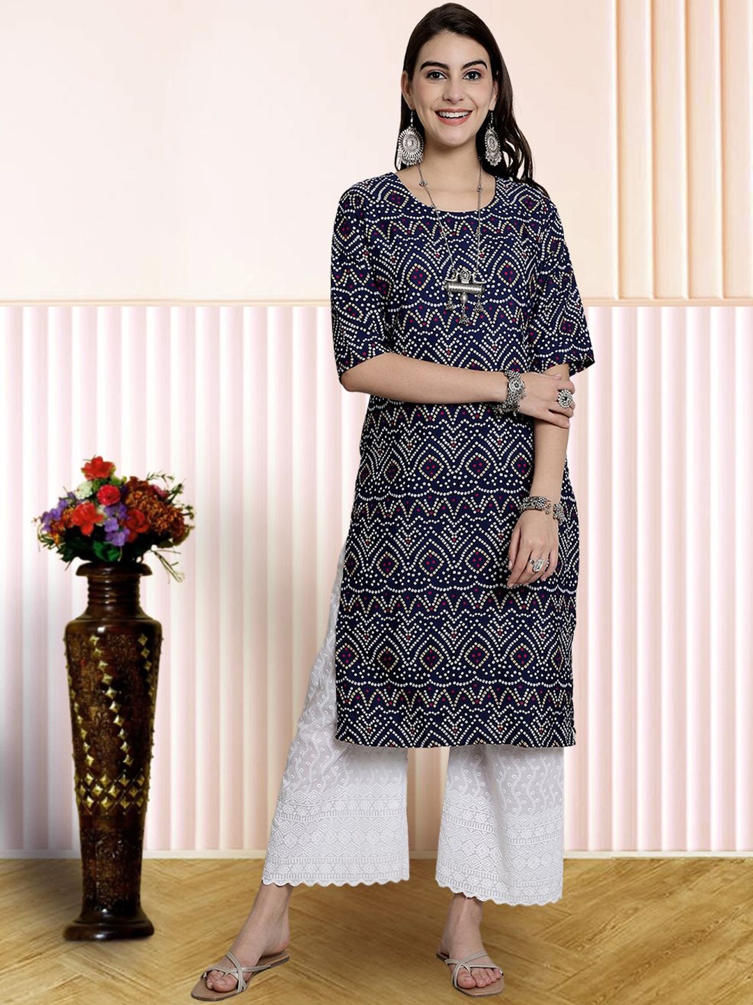 

7Threads Bandhani Printed Round Neck Straight Kurta, Blue