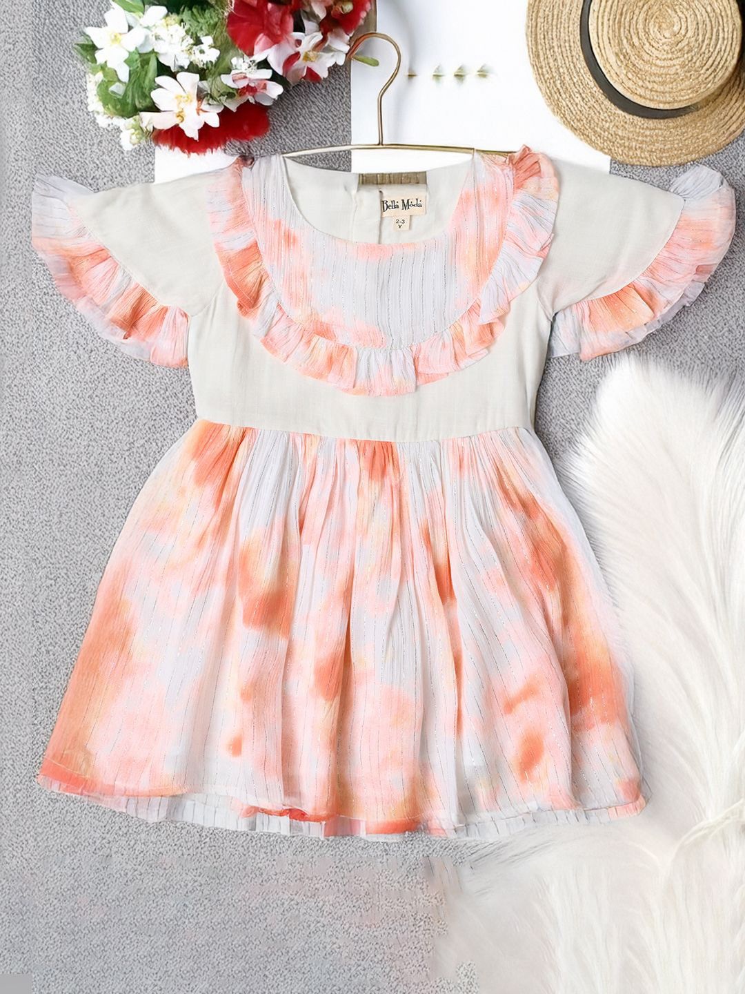 

Bella Moda Girls Tie and Dye Printed Ruffles Fit and FlareDress, Peach