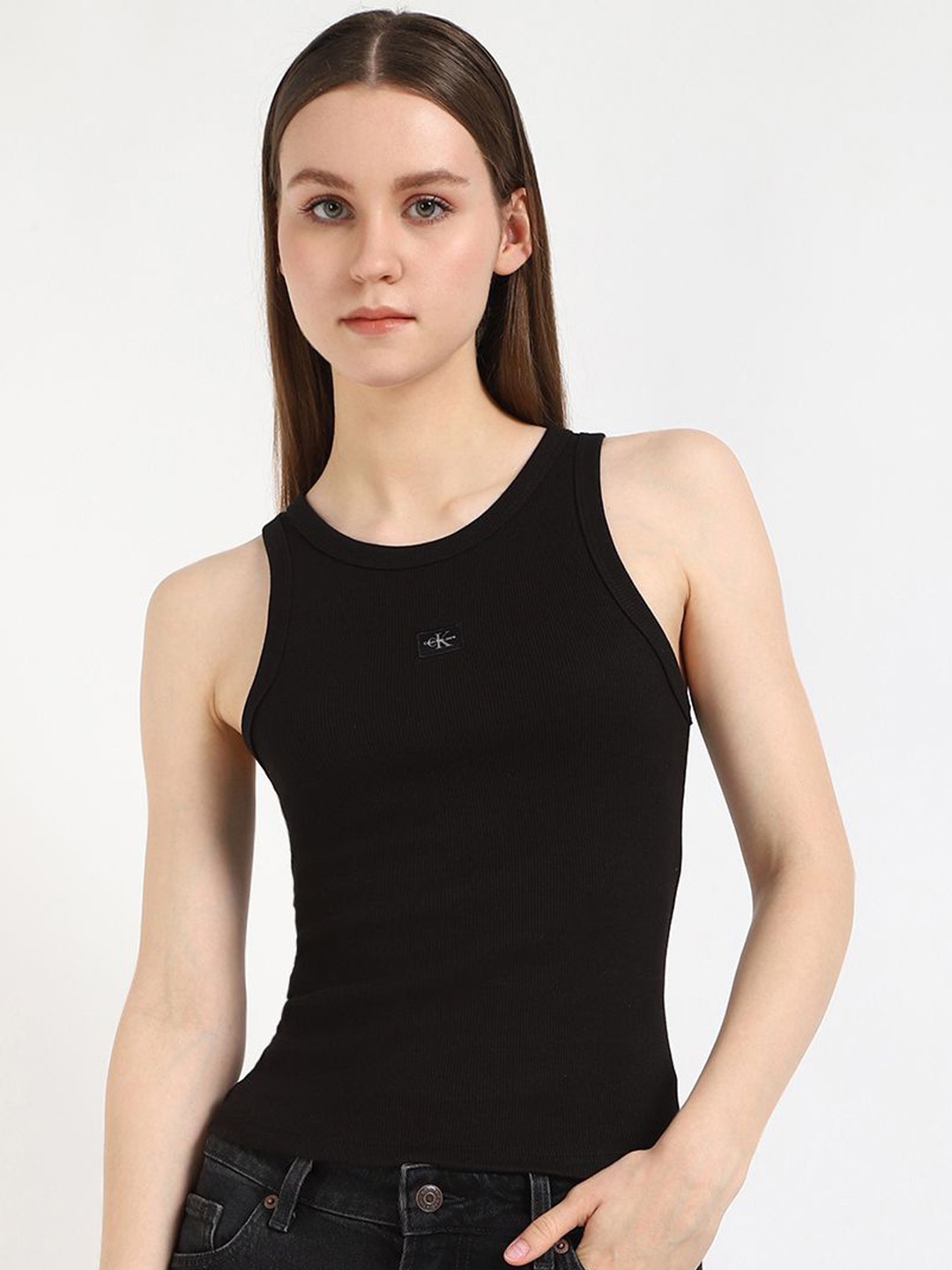 

Calvin Klein Jeans Women Ribbed Round Neck Cotton Tank Top, Black