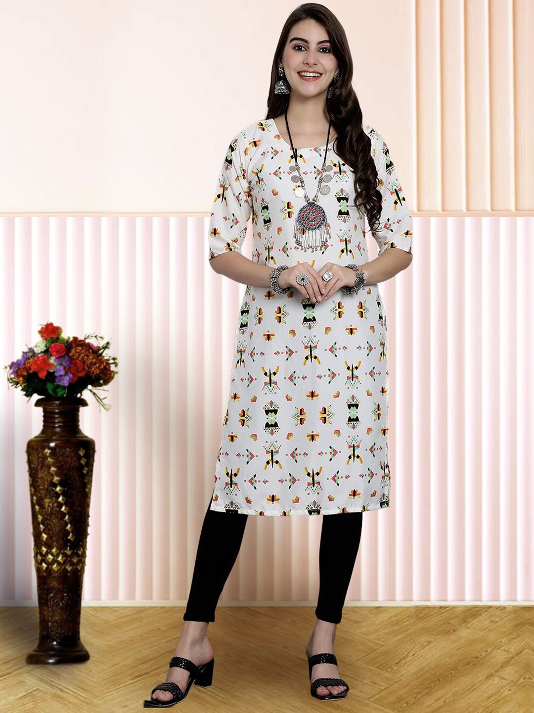 

7Threads Geometric Printed Round Neck Straight Kurta, White