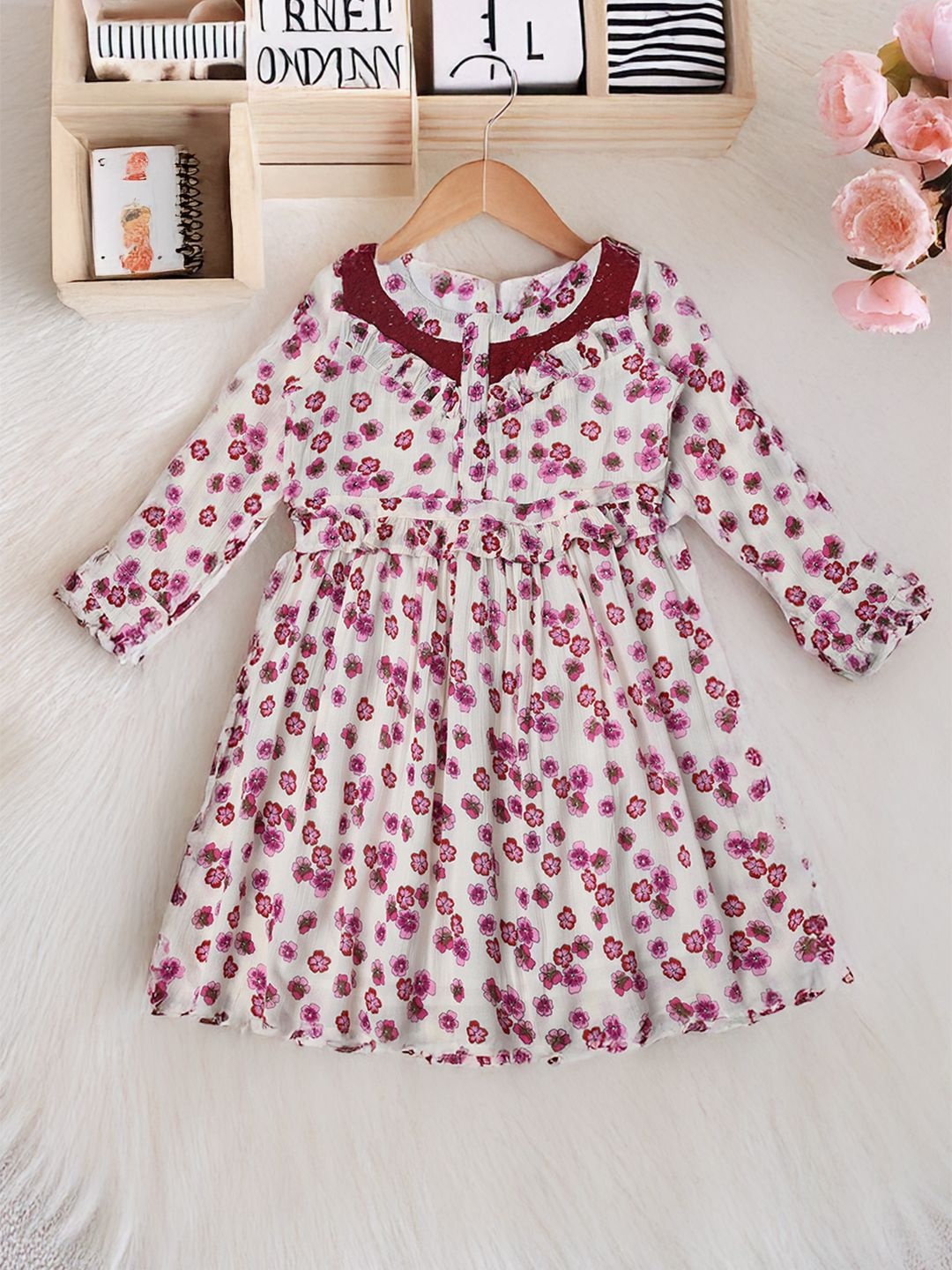 

Bella Moda Girls Floral Printed Cotton Fit and FlareDress, Cream