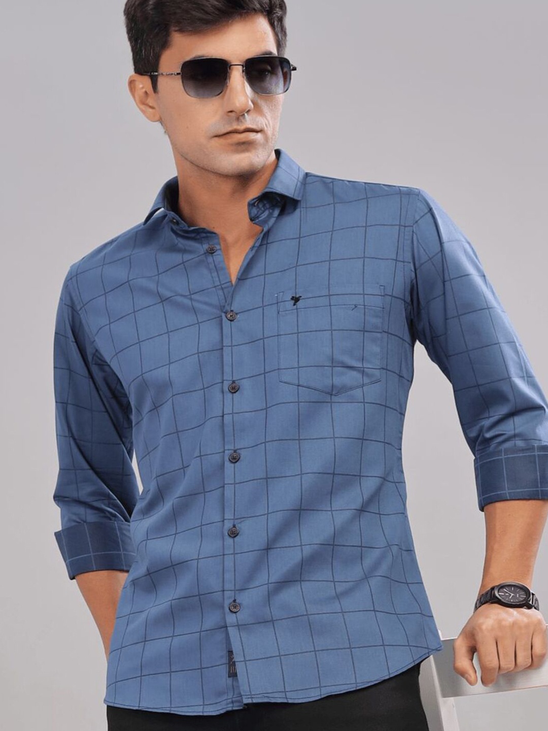 

Blueisland Clothing Men Standard Fit Grid Tattersall Checked Cotton Shirts, Blue