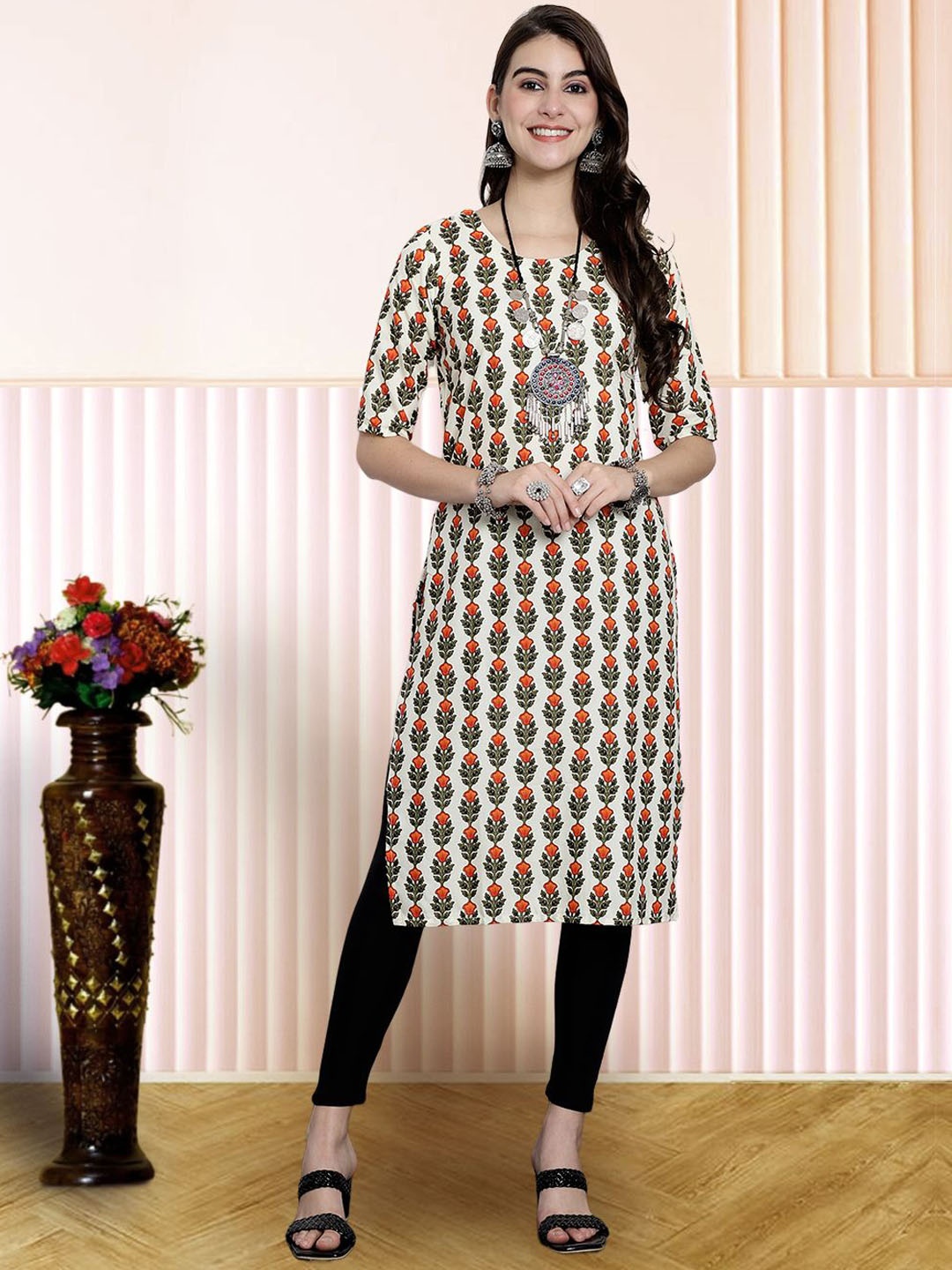

7Threads Floral Printed Round Neck Straight Kurta, White