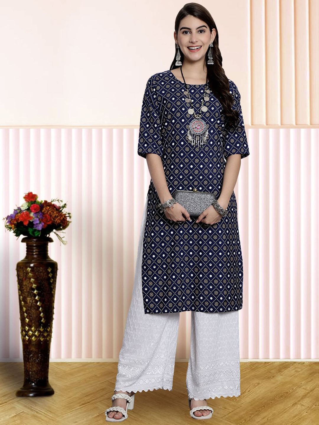 

7Threads Geometric Printed Round Neck Straight Kurta, Blue