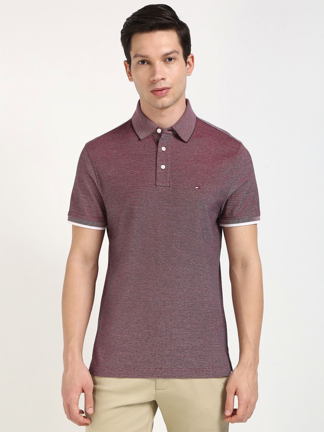 

Tommy Hilfiger Men Self Design Polo Collar Cotton T-shirt, Maroon