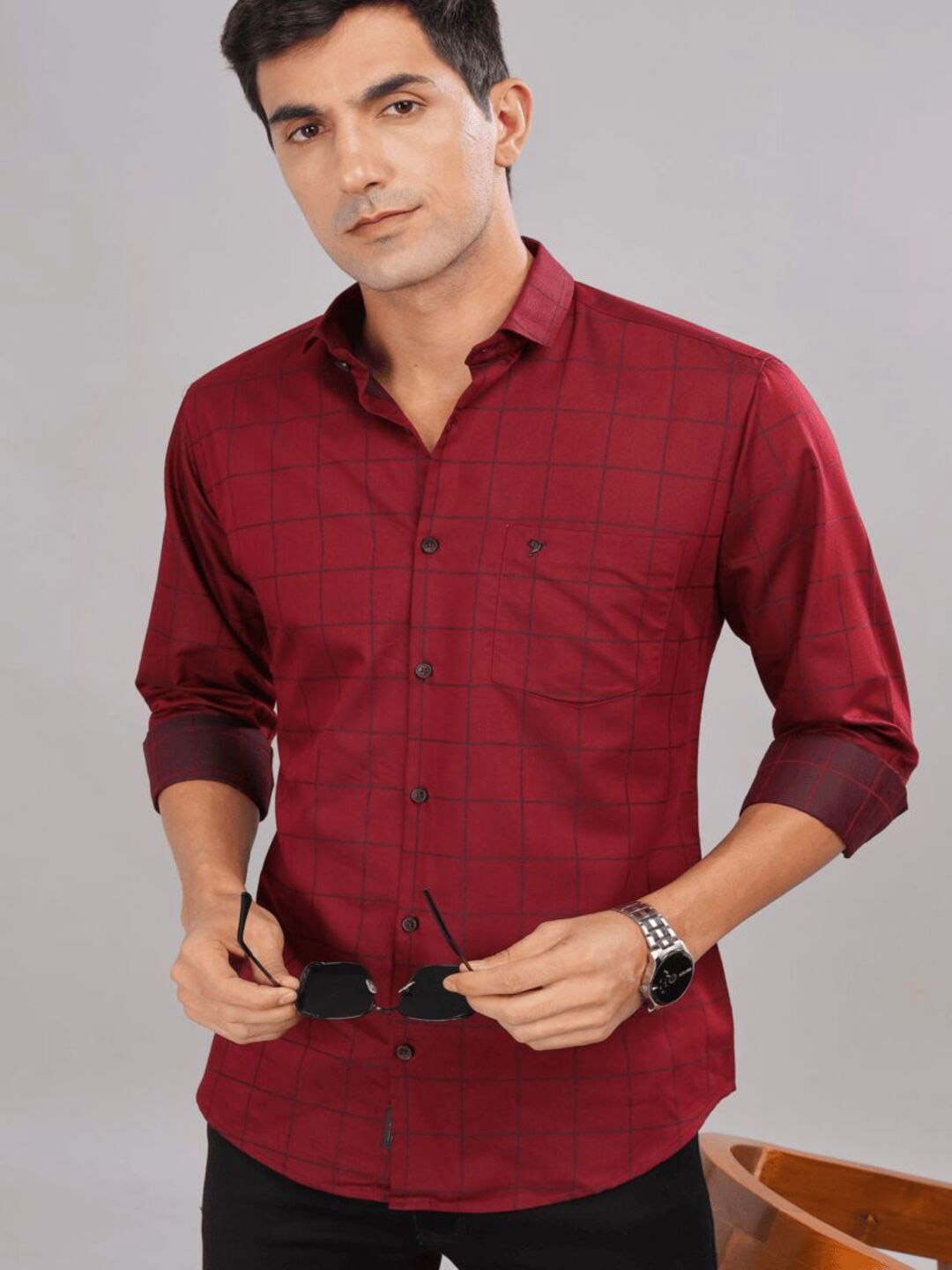 

Blueisland Clothing Men Pack Of 5 Standard Fit Grid Tattersall Checked Cotton Shirts, Red