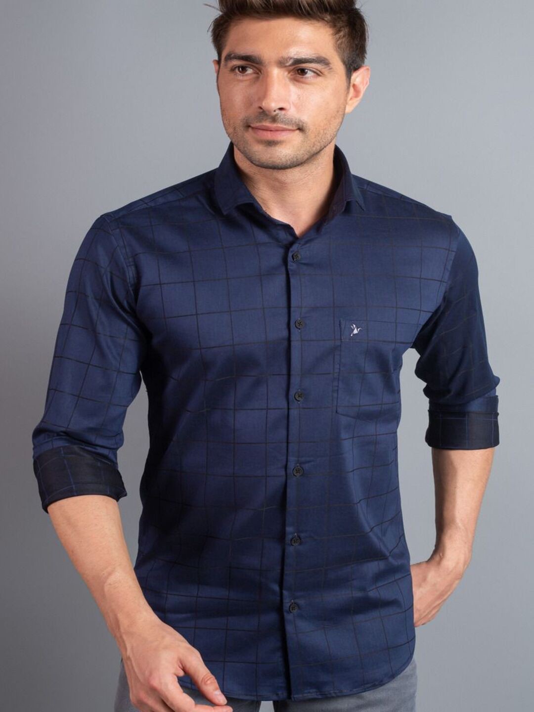 

Blueisland Clothing Men Pack Of 5 Standard Fit Grid Tattersall Checked Cotton Shirts, Navy blue