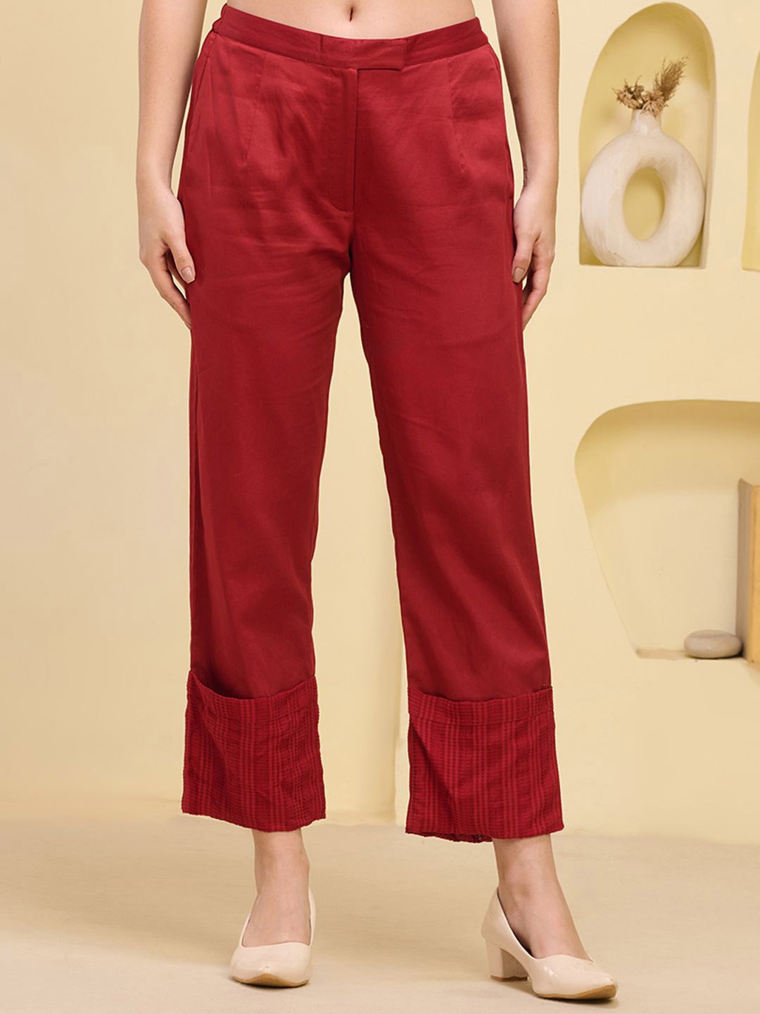 

First Resort by Ramola Bachchan Women Folded Hem Straight Fit Palazzos, Red