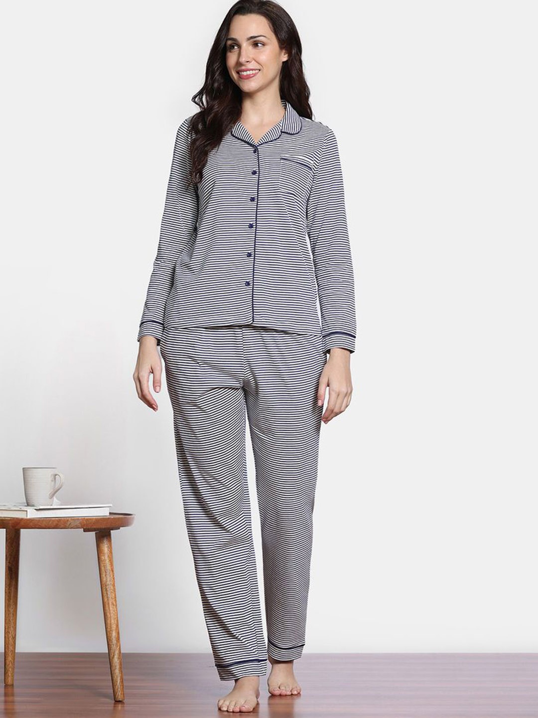 

Zivame Women Striped Pure Cotton Night suit, Blue