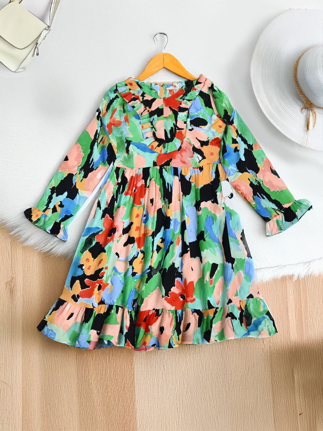 

Bella Moda Girls Floral Printed Ruffles Tiered Cotton Fit and Flare Dress, Green