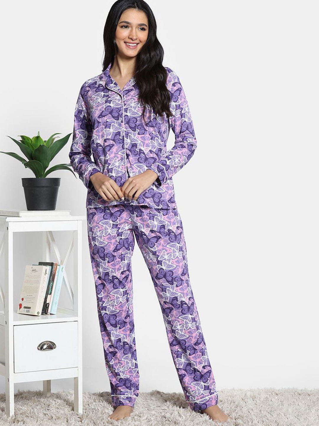 

Zivame Women Abstract Printed Pure Cotton Night suit, Purple