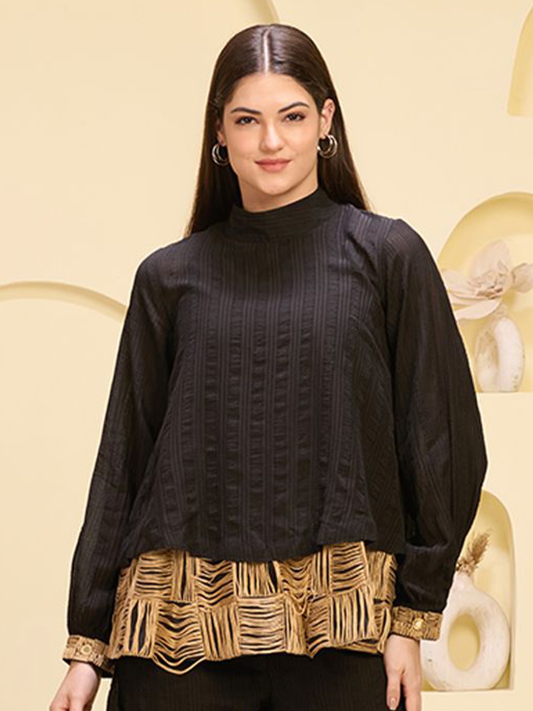 

First Resort by Ramola Bachchan Women High Neck Cotton A-Line Top, Black