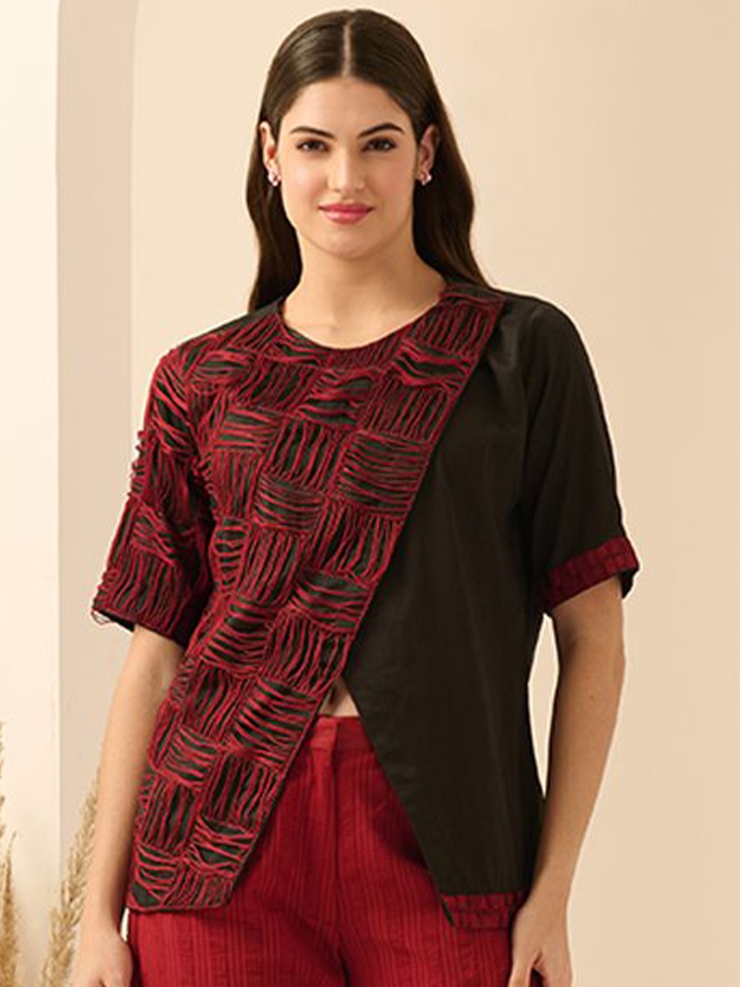 

First Resort by Ramola Bachchan Women Self Design Cotton Wrap Top, Black