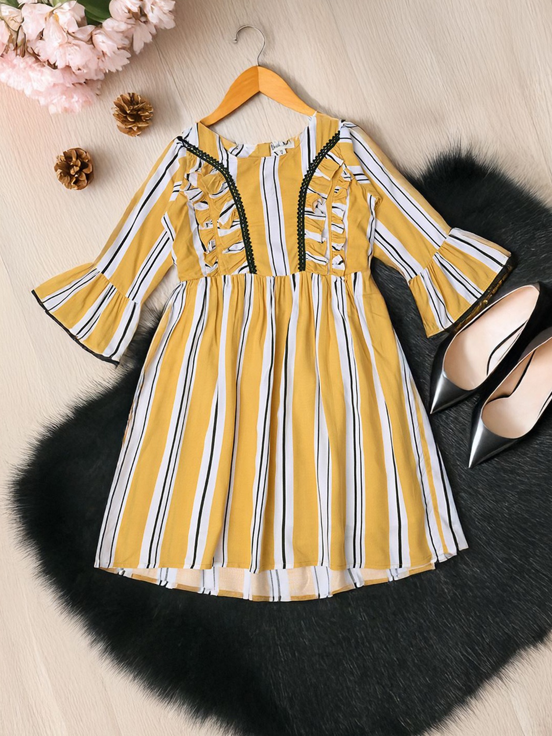 

Bella Moda Girls Striped Bell Sleeves Cotton Fit and Flare Dress, Yellow