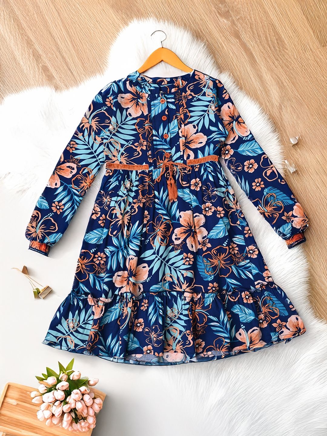 

Bella Moda Girls Floral Printed Cotton Fit and Flare Dress, Navy blue