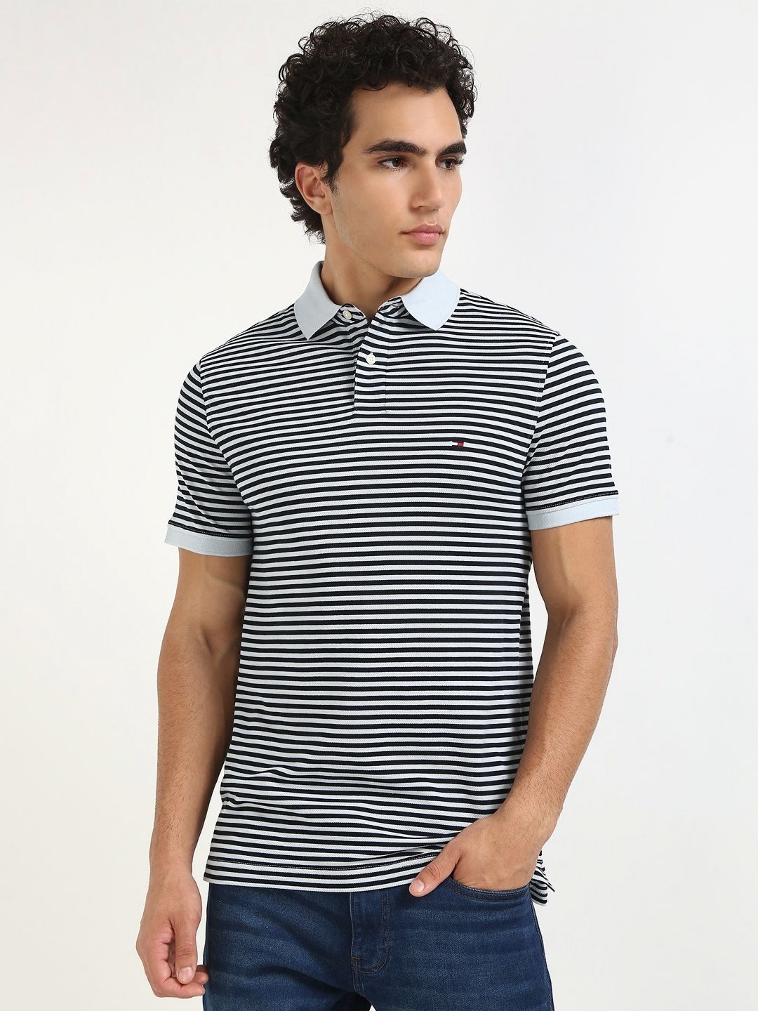 

Tommy Hilfiger Men Striped Polo Collar Cotton T-shirt, Blue