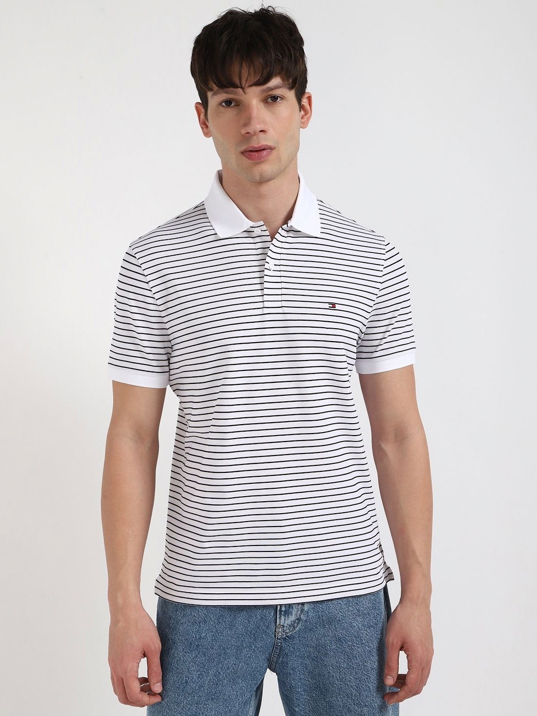 

Tommy Hilfiger Men Striped Polo Collar Cotton T-shirt, White