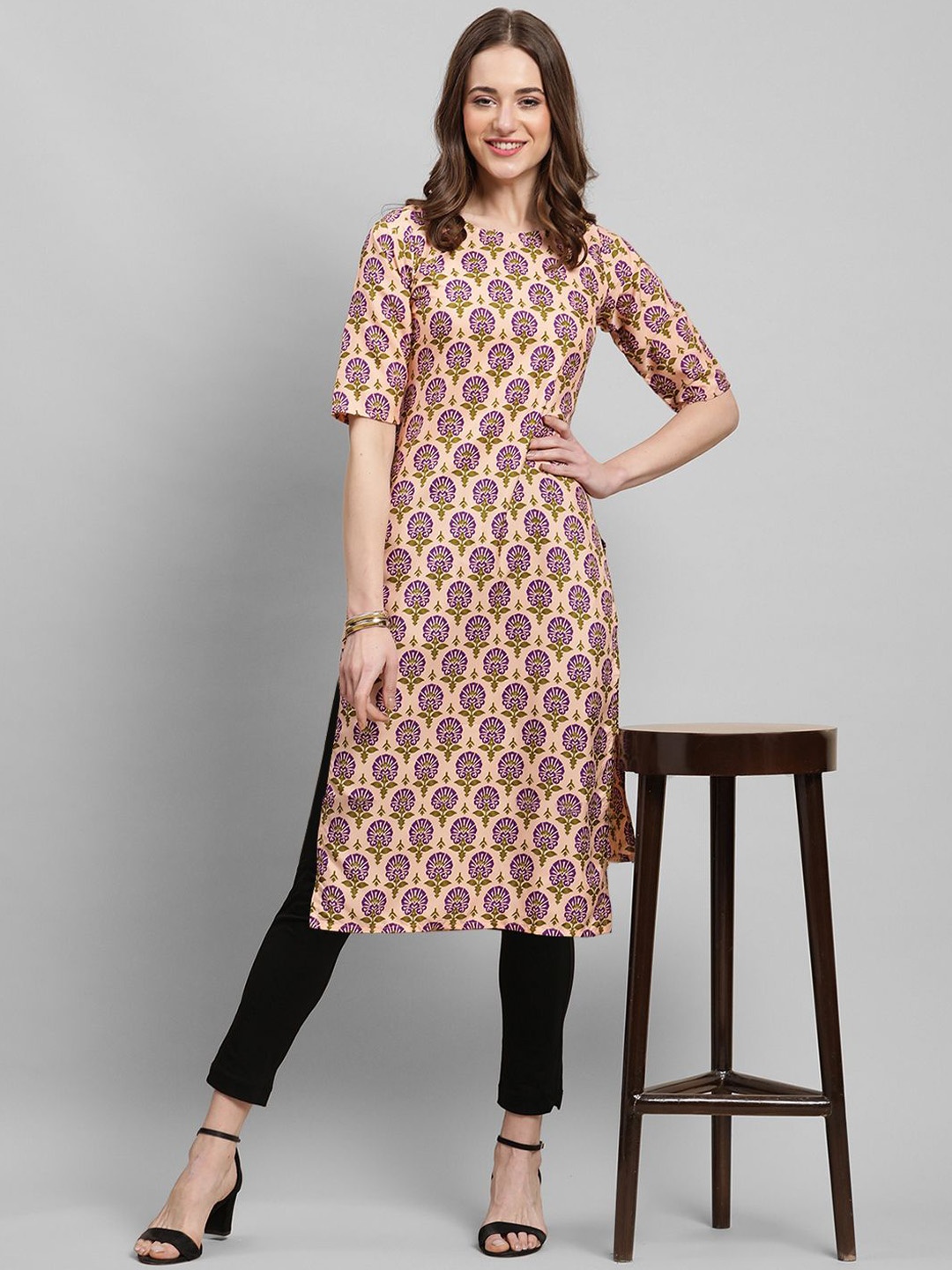 

7Threads Ethnic Motifs Printed Round Neck Straight Kurta, Beige