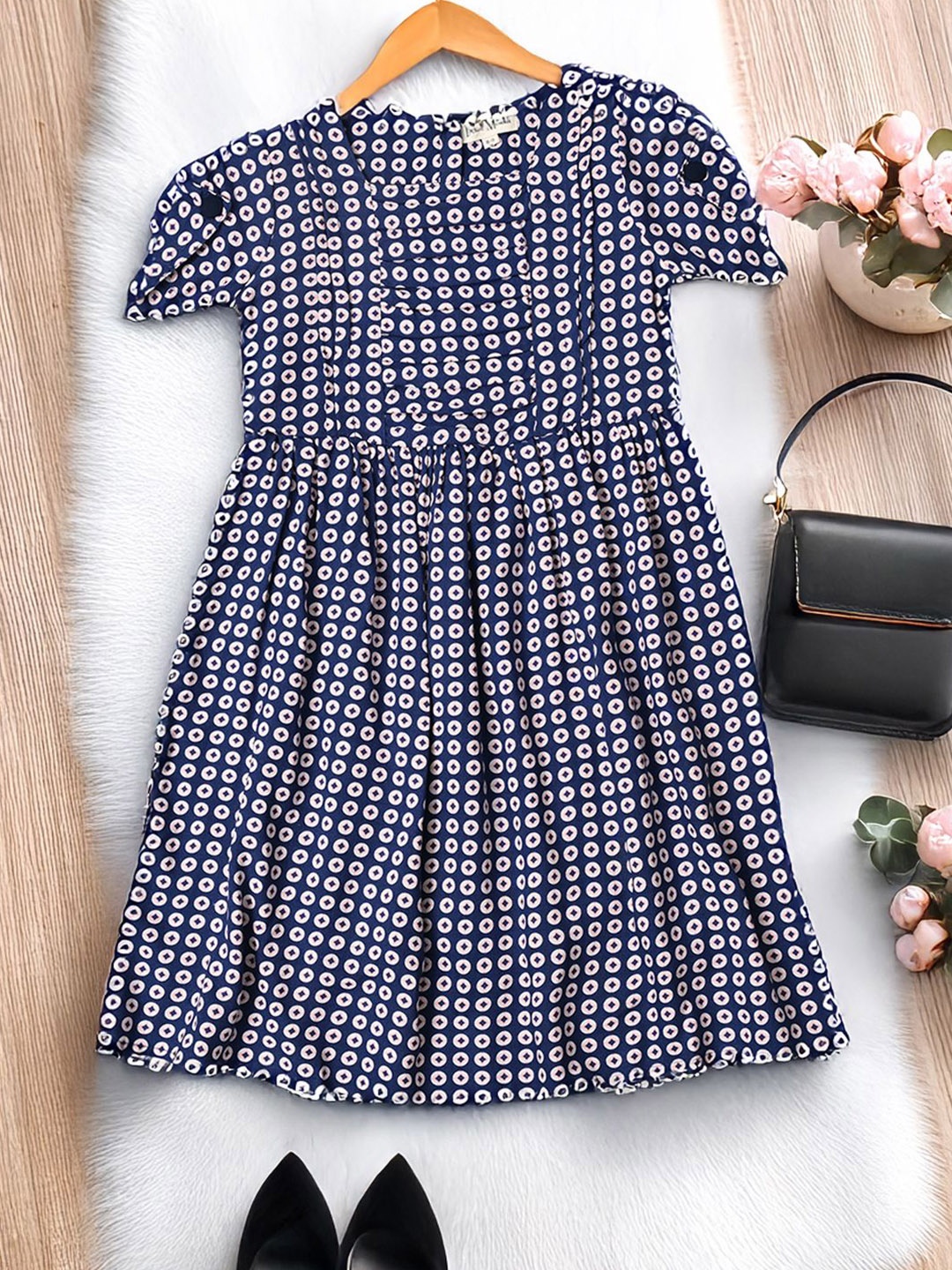

Bella Moda Girls Geometric Printed Cotton A-Line Dress, Navy blue