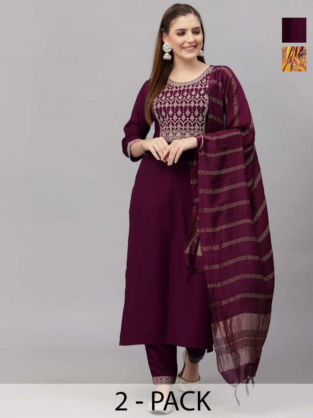 

KALINI Selection Of 2 Ethnic Motifs Printed Patchwork Kurtas With Trousers And Dupattas, Burgundy