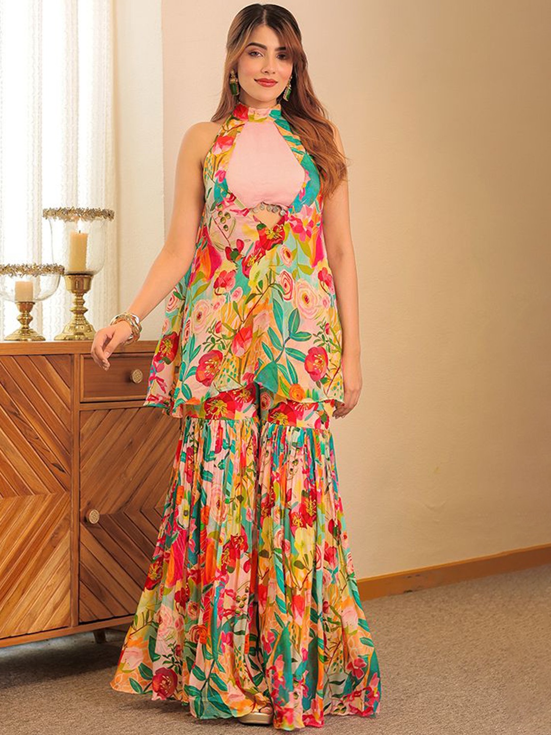 

LABEL ADITI HUNDIA Ruhani Floral Printed Ruhani Garara Set, Green