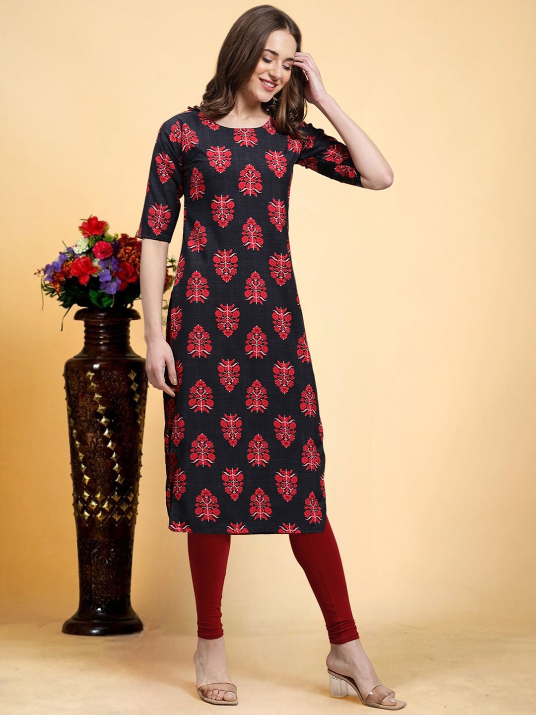 

7Threads Ethnic Motifs Printed Round Neck Straight Kurta, Blue