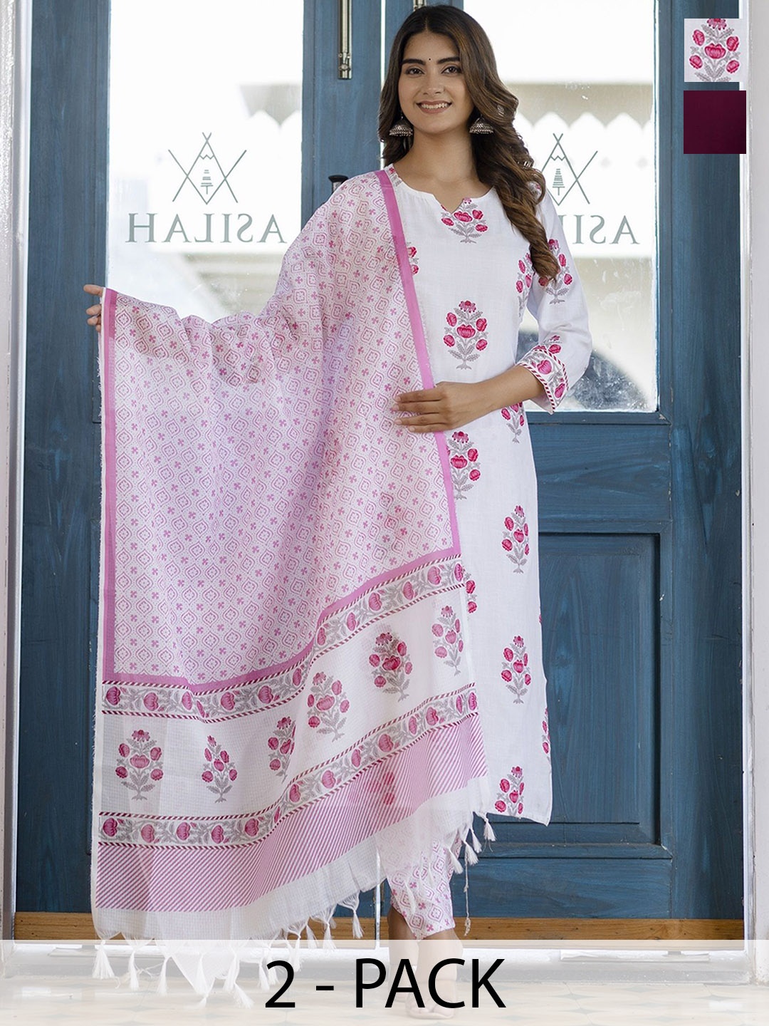 

KALINI Selection Of 2 Floral Printed Notch Neck Straight Kurta With Trousers & Dupatta, White