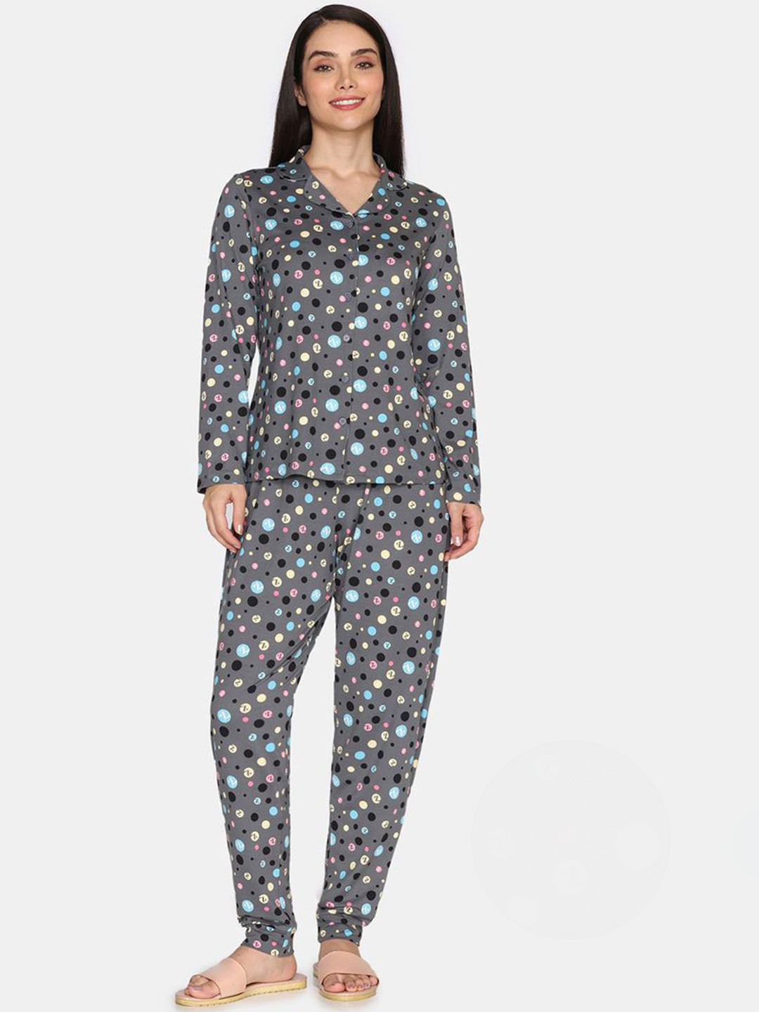 

Zivame Women Polka Dot Printed Night suit, Grey