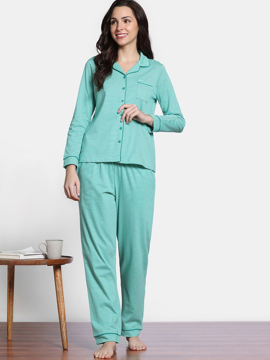 

Zivame Women Striped Pure Cotton Night suit, Sea green