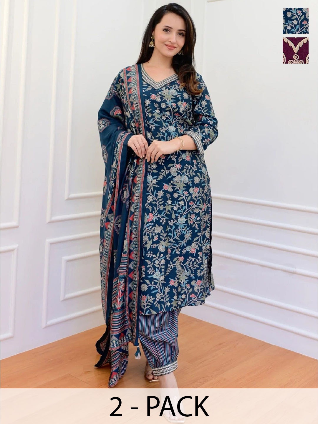 

KALINI Selection Of 2 Floral Printed V-Neck Sequinned Straight Kurta With Salwar & Dupatta, Blue