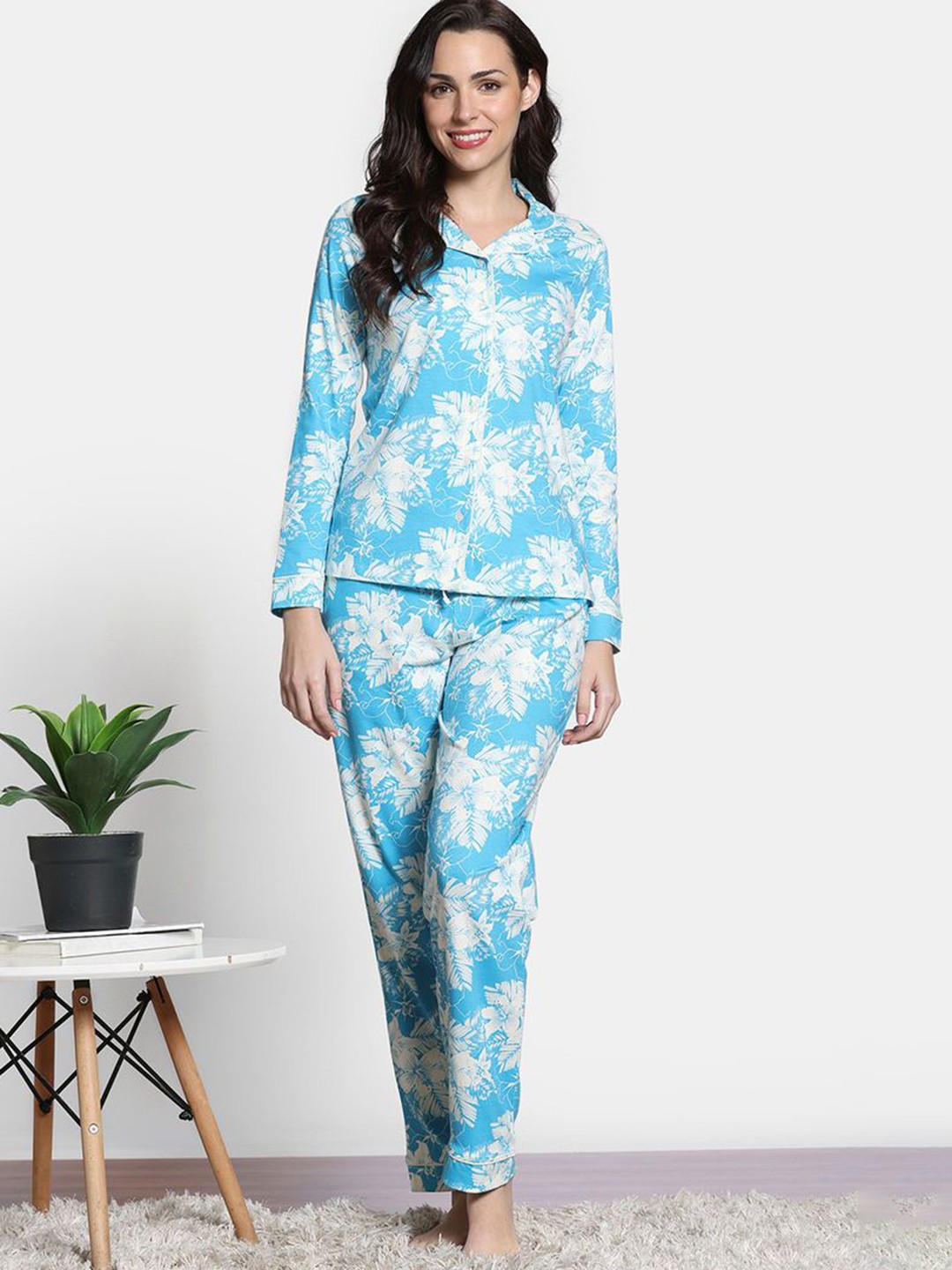

Zivame Women Floral Printed Pure Cotton Night suit, Blue
