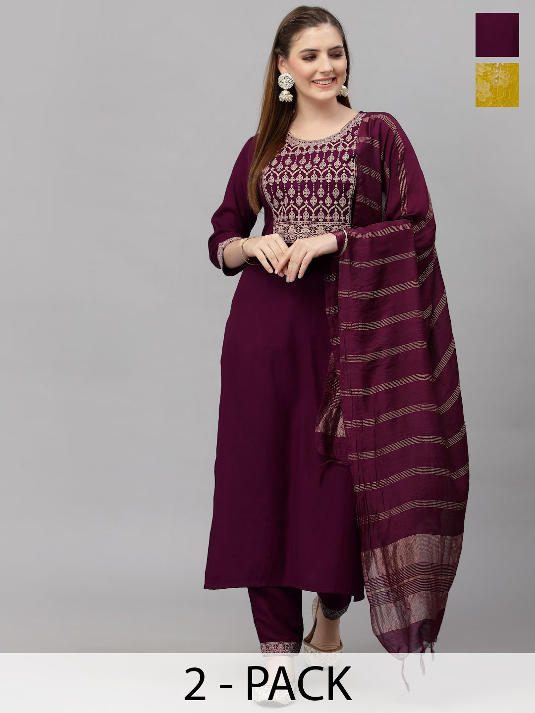 

KALINI Selection Of 2 Ethnic Motifs Printed Patchwork Kurtas With Trousers And Dupattas, Burgundy