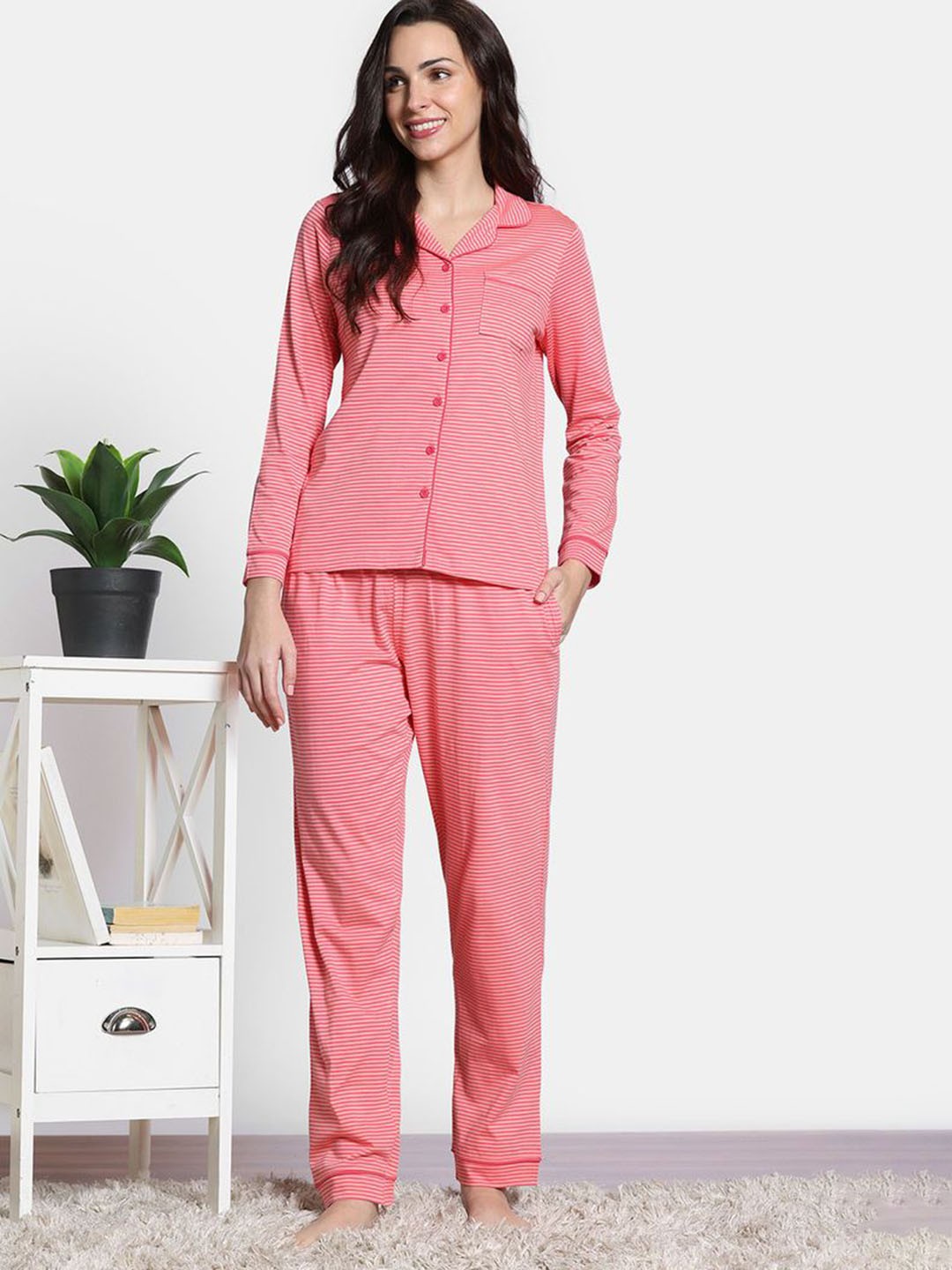 

Zivame Women Striped Pure Cotton Night suit, Red