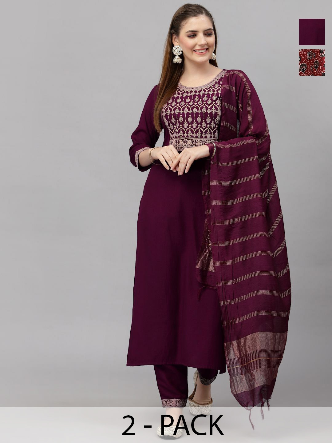 

KALINI Selection Of 2 Ethnic Motifs Printed Patchwork Kurta With Trousers And Dupatta, Burgundy