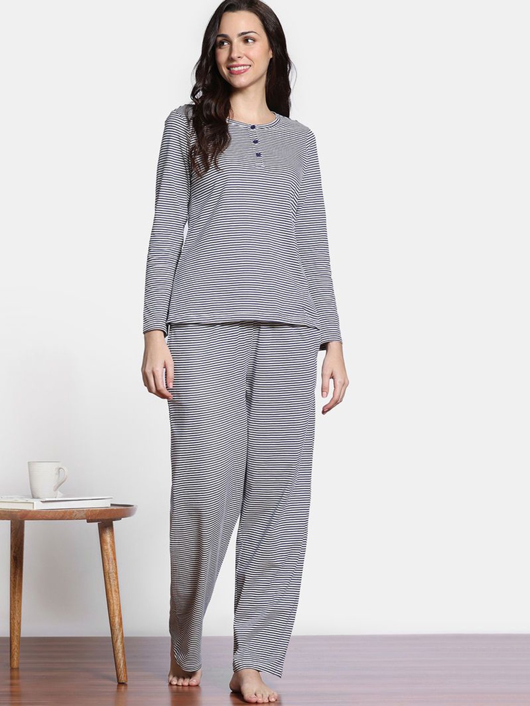 

Zivame Women Striped Pure Cotton Night suit, Blue