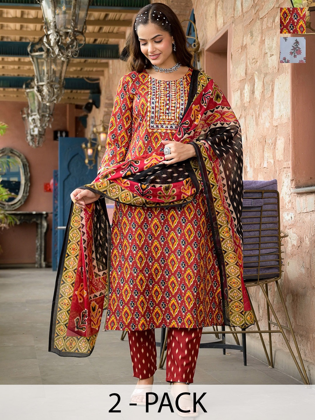 

KALINI Selection Of 2 Ethnic Motifs Printed Straight Kurtas With Trousers And Dupattas, Red