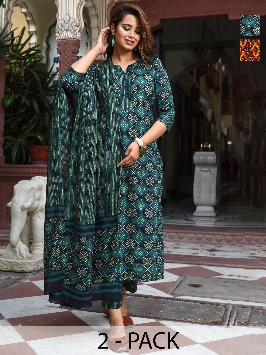 

KALINI Selection Of 2 Ethnic Motifs Printed Straight Kurtas With Trousers And Dupattas, Teal