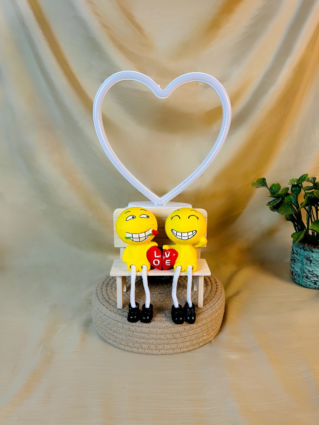

Giftii Yellow & Red Smiley Couple On Love Bench & Heart Neon Lamp Showpieces