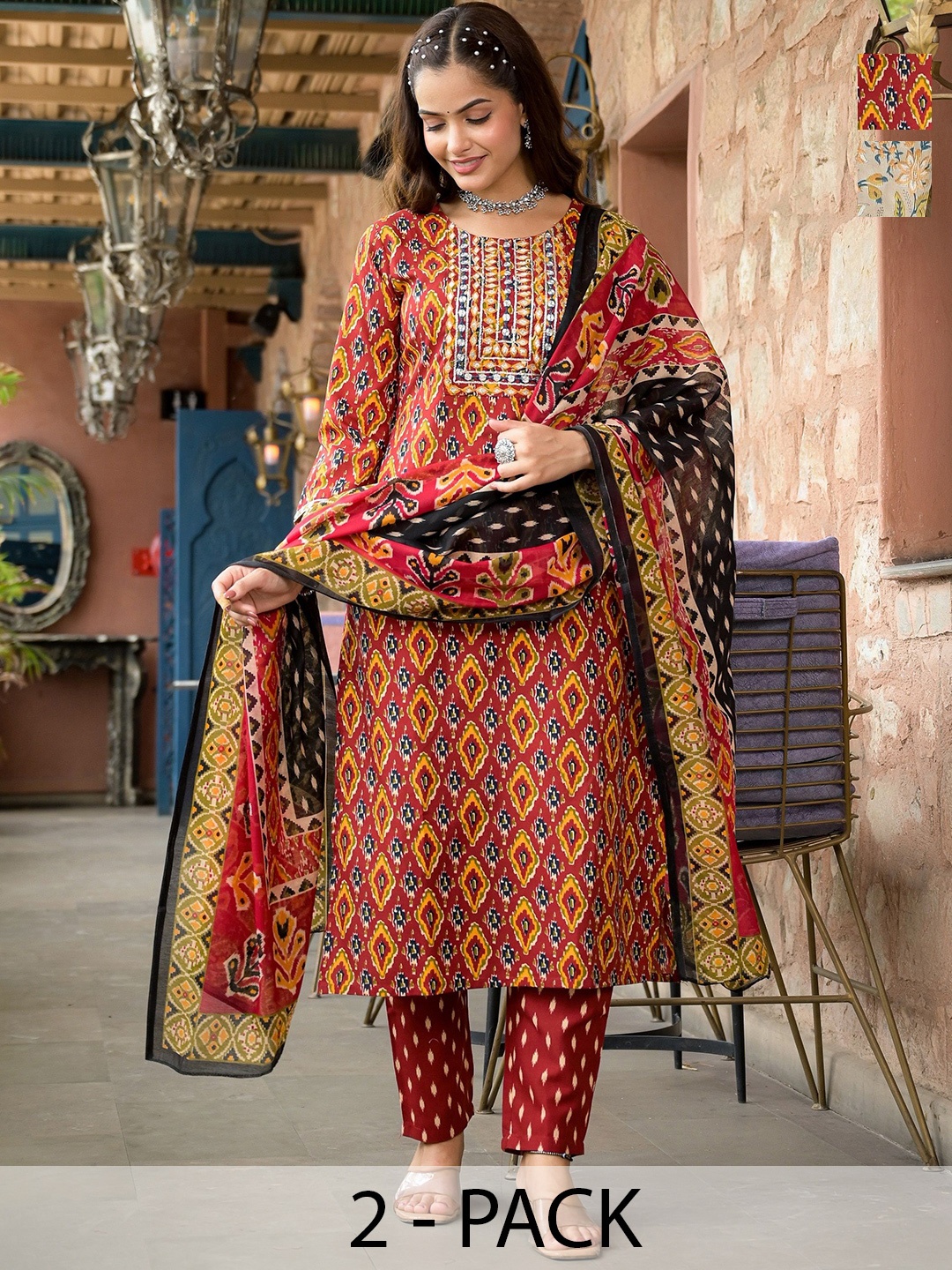 

KALINI Selection Of 2 Ethnic Motifs Printed Straight Kurtas With Trousers And Dupattas, Red