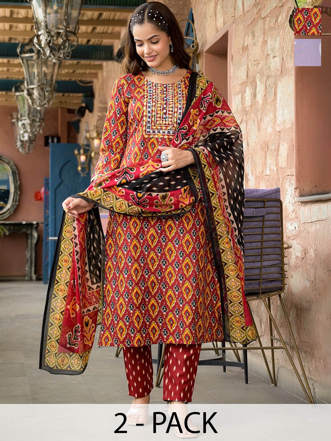 

KALINI Selection Of 2 Ethnic Motifs Printed Straight Kurtas With Trousers And Dupattas, Red