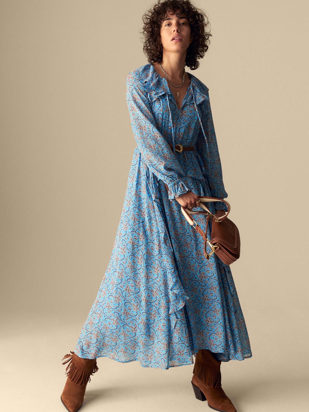 

Marks & Spencer Ethnic Motifs Printed Tie Neck Ruffle Maxi Dress, Blue