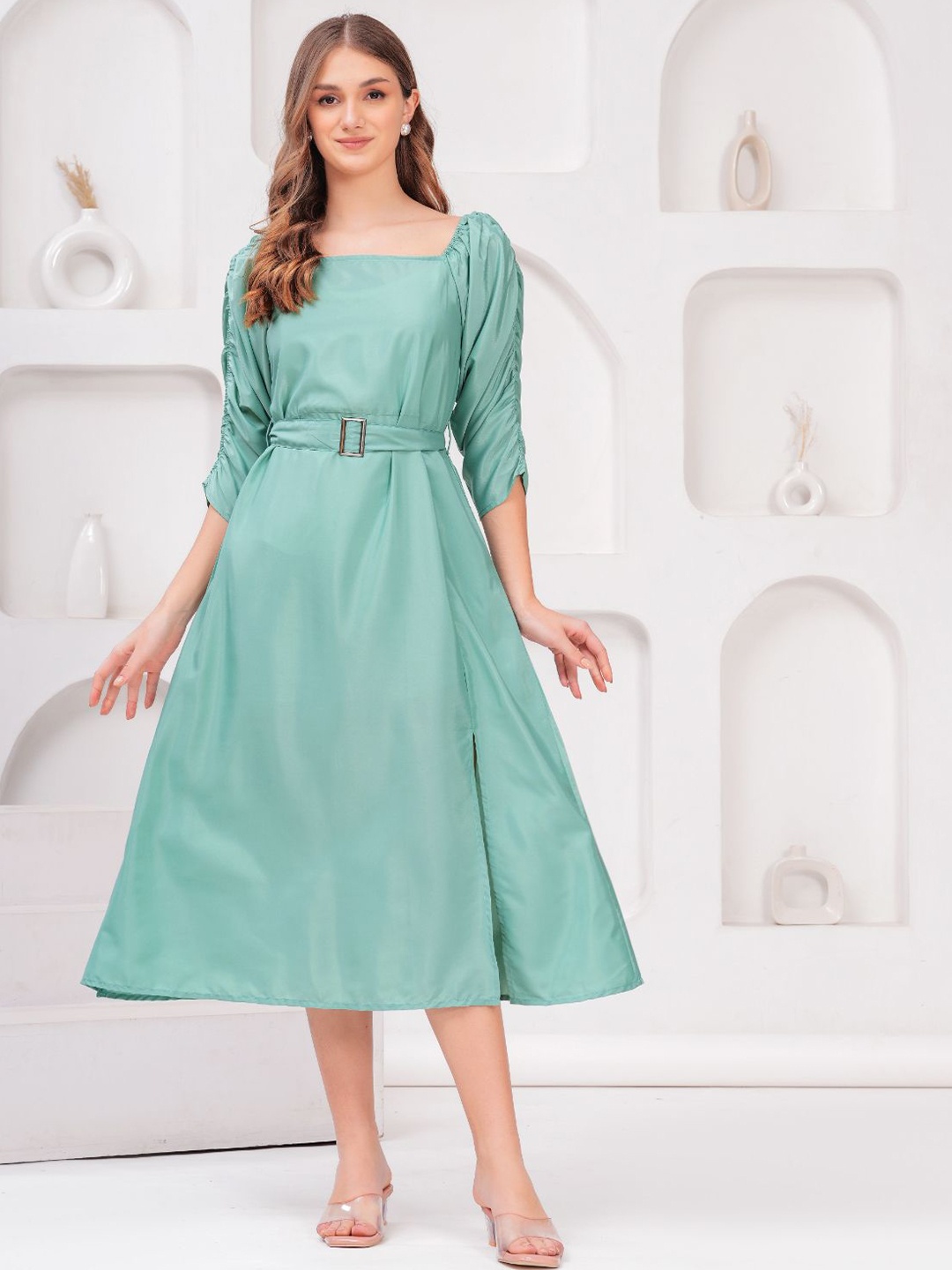 

BAESD Crepe Square Neck Puff Sleeves Fit & Flare Midi Dress, Green