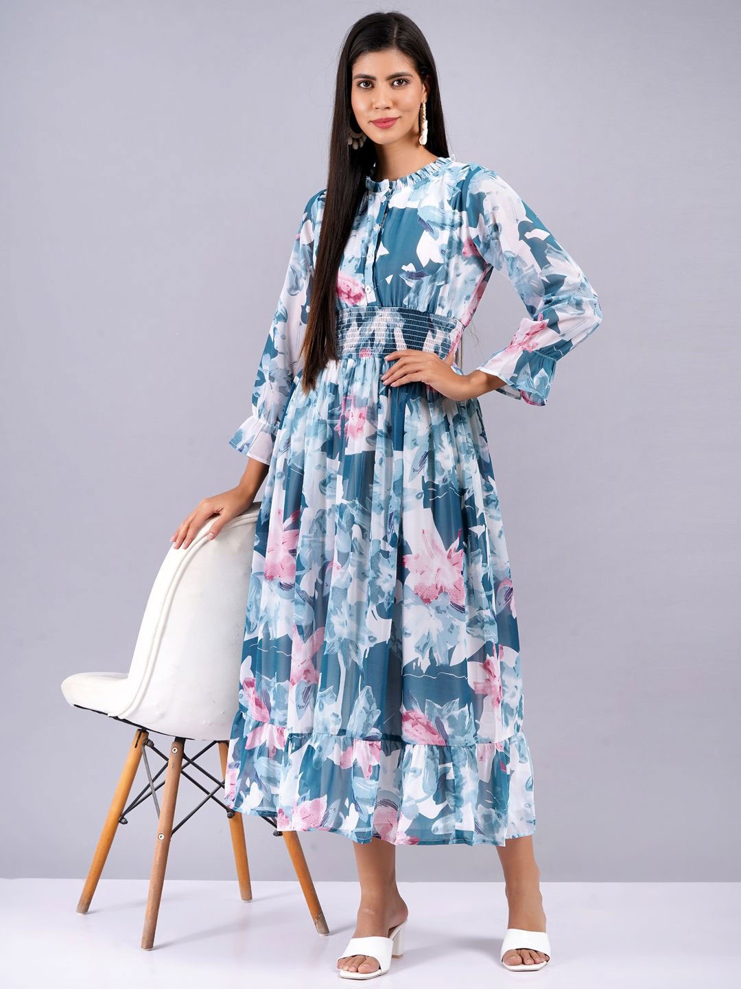 

BAESD Women Floral Bell Sleeve Georgette Fit & Flare Midi Dress, Teal
