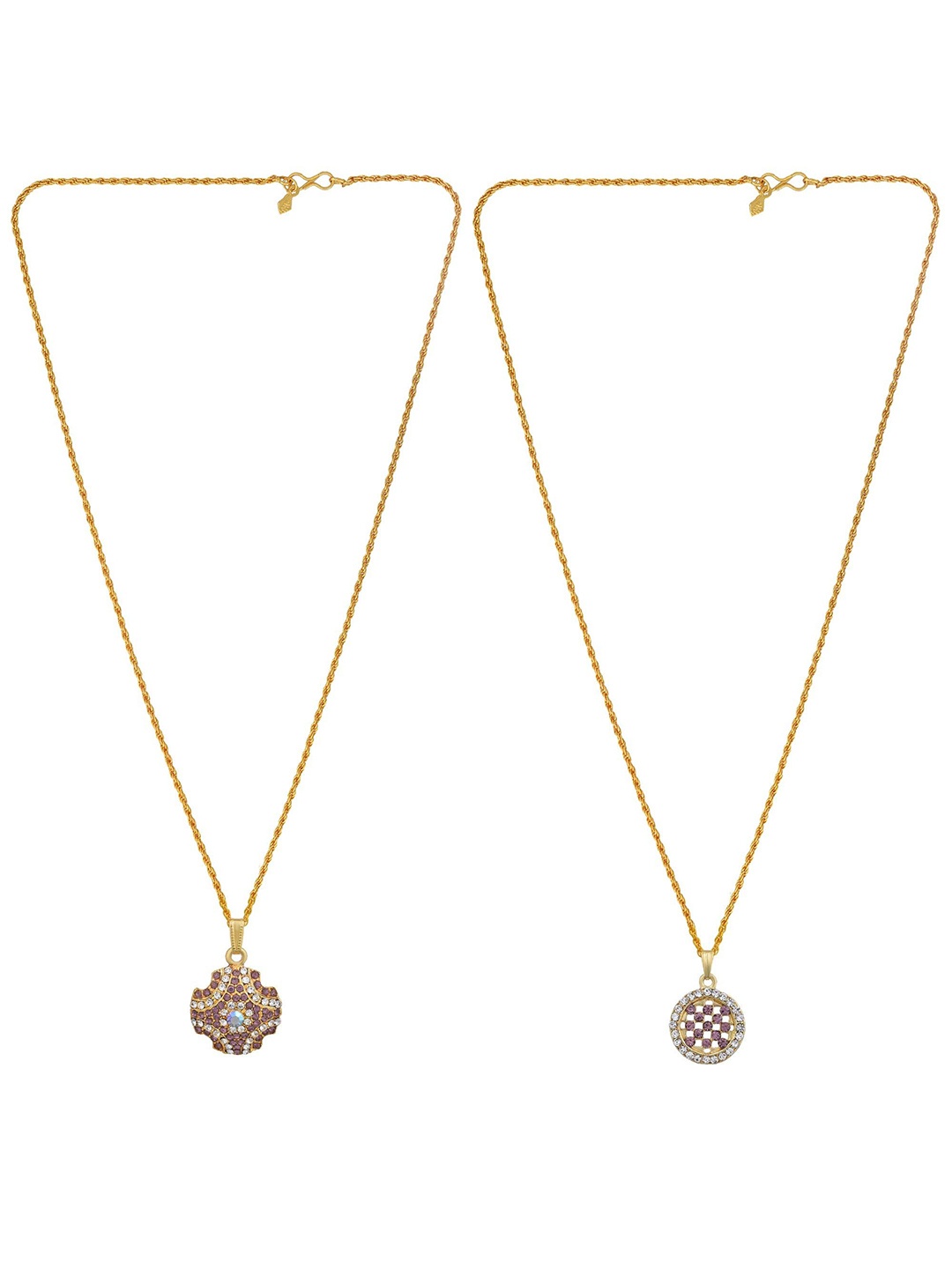 

MEMOIR Set Of 2 Gold-Plated Artificial Stone Studded Pendants with Chains, Mauve