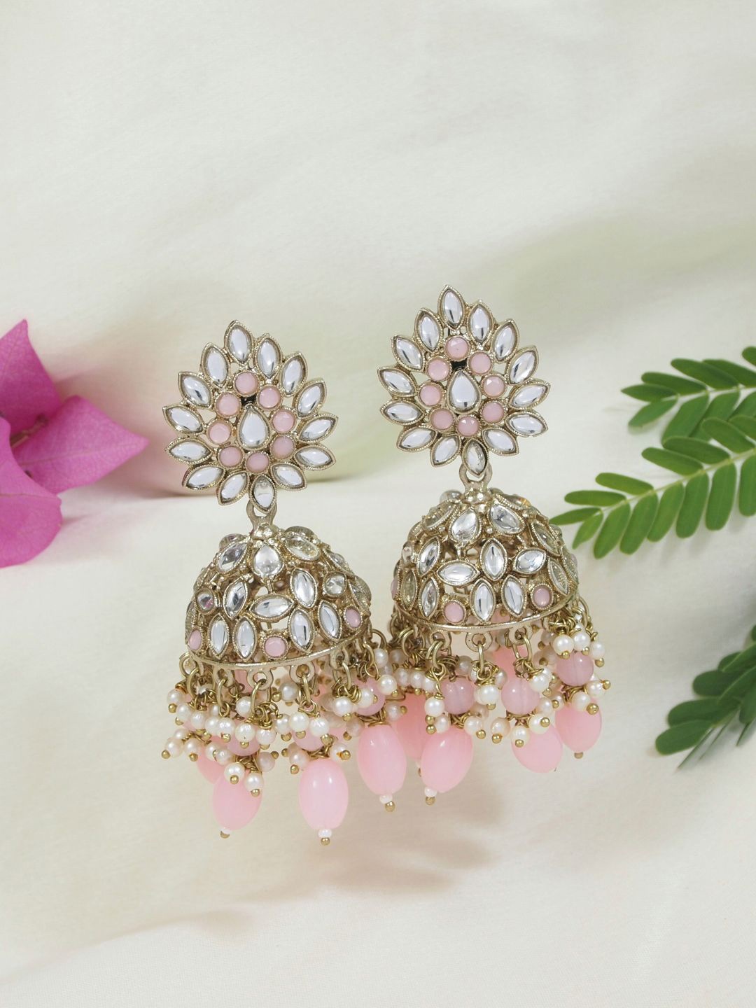 

I Jewels Gold-Plated Kundan Studded Dome Shaped Jhumkas, Pink