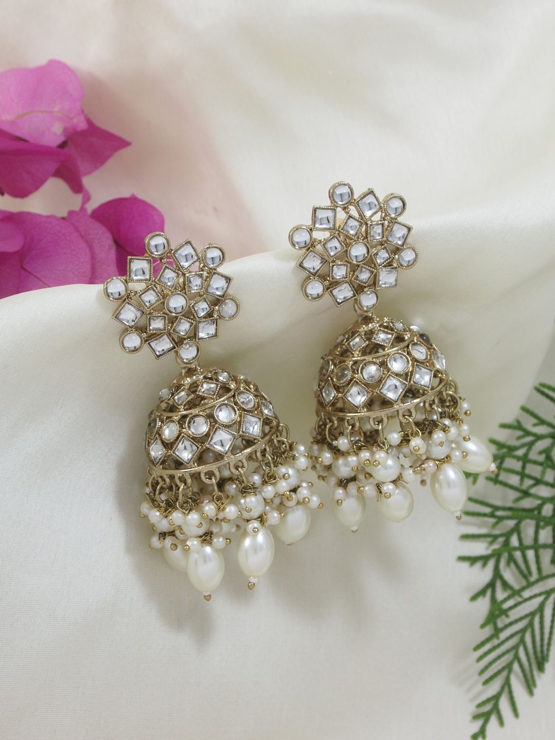 

I Jewels Gold-Plated Kundan Studded Dome Shaped Jhumkas