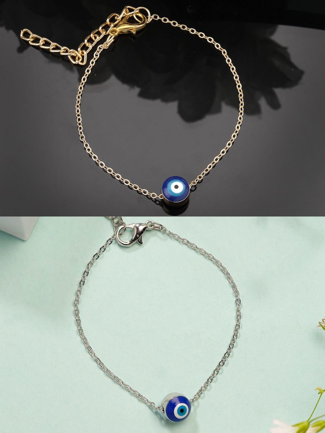 

NVR Set of 2 Women Gold & Silver Plated Evil eye Link Bracelet