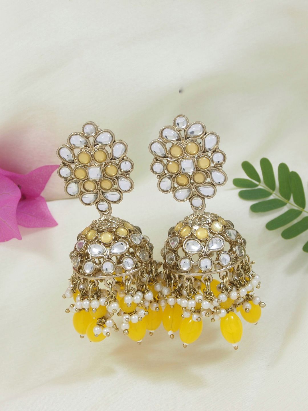 

I Jewels Gold-Plated Kundan Studded Dome Shaped Jhumkas, Yellow