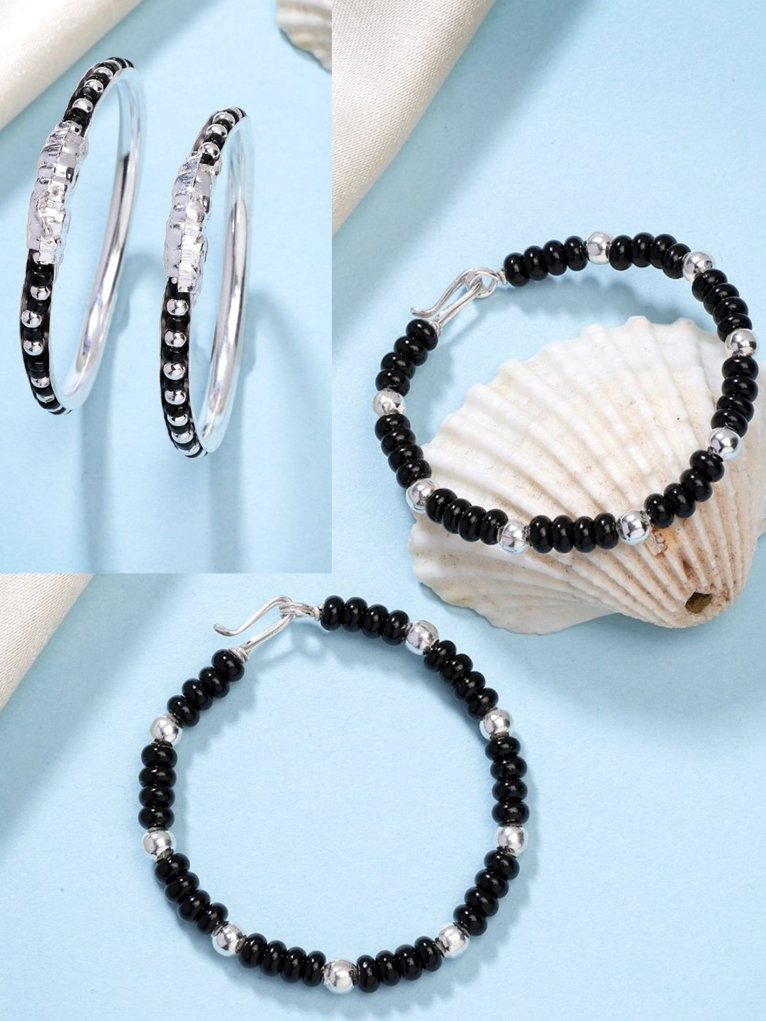 

NVR Kids Pair of 2 Rhodium-Plated Artificial Beads Nazariya Kada Bracelet, Silver