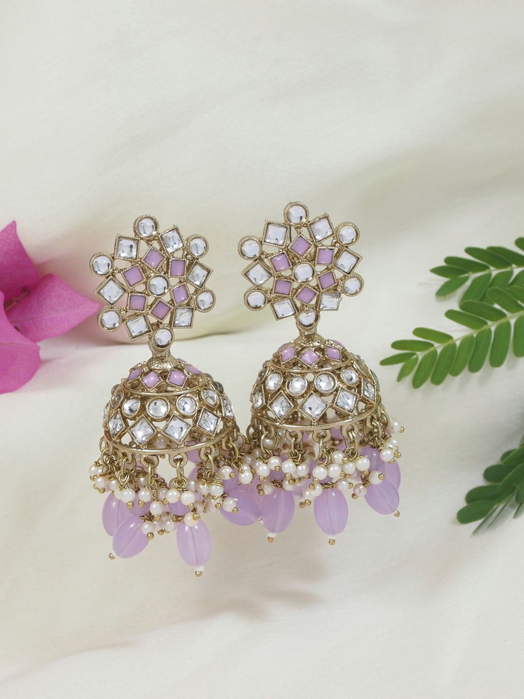 

I Jewels Gold-Plated Kundan Studded Dome Shaped Jhumkas, Pink